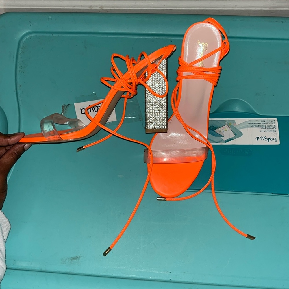 Orange Rhinestone Lace Up Heels